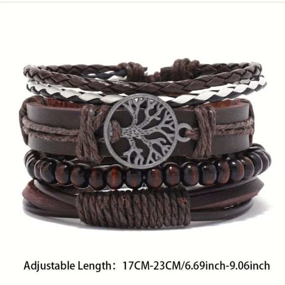 4 men's leather bracelets layered braided tree of life brown New c8 - Picture 2 of 3